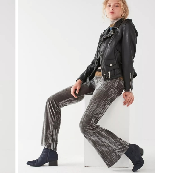 Urban Outfitters Alura Velvet Flare Pant Olive Green Grey High Waist Stretch - Picture 9 of 16